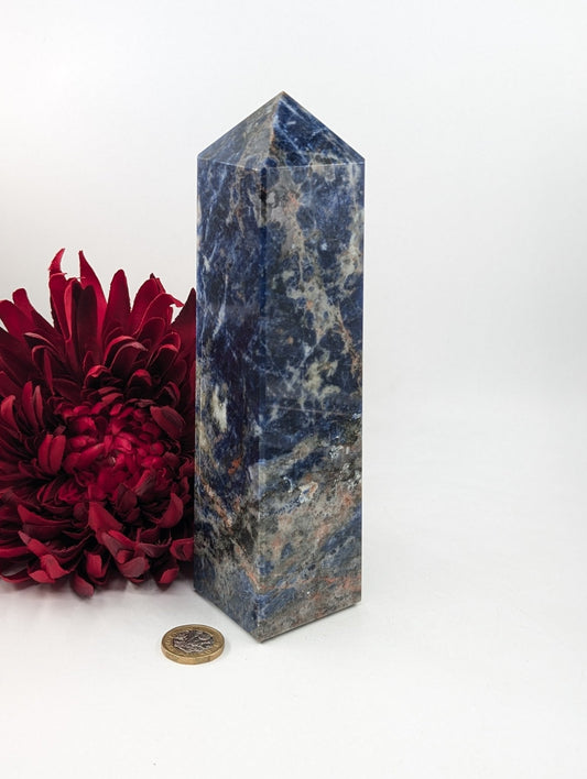 Polished Sodalite Tower 1004G featuring navy-blue tone with white veining - Positive Faith Hope Love