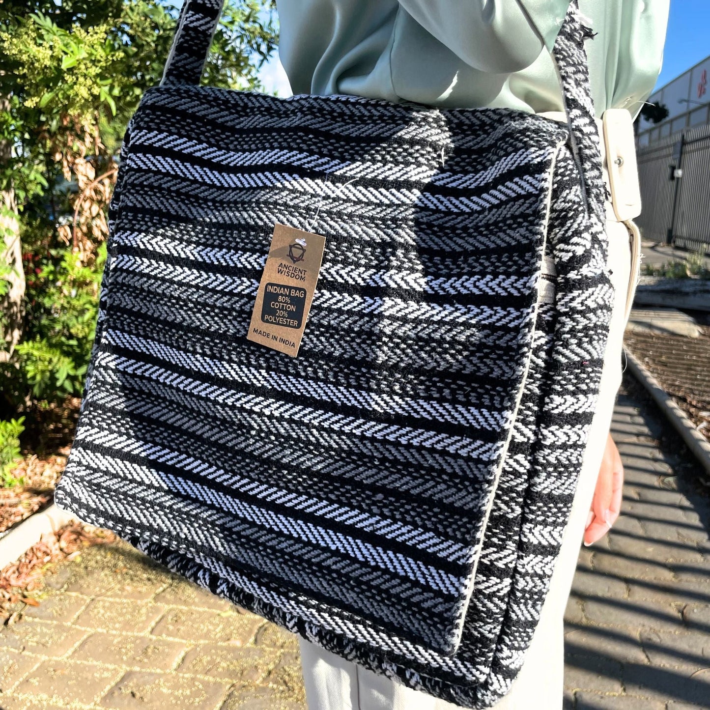 Polished Soft Banjar Laptop Bag Grey Strips featuring natural patterning and unique variations - Positive Faith Hope Love