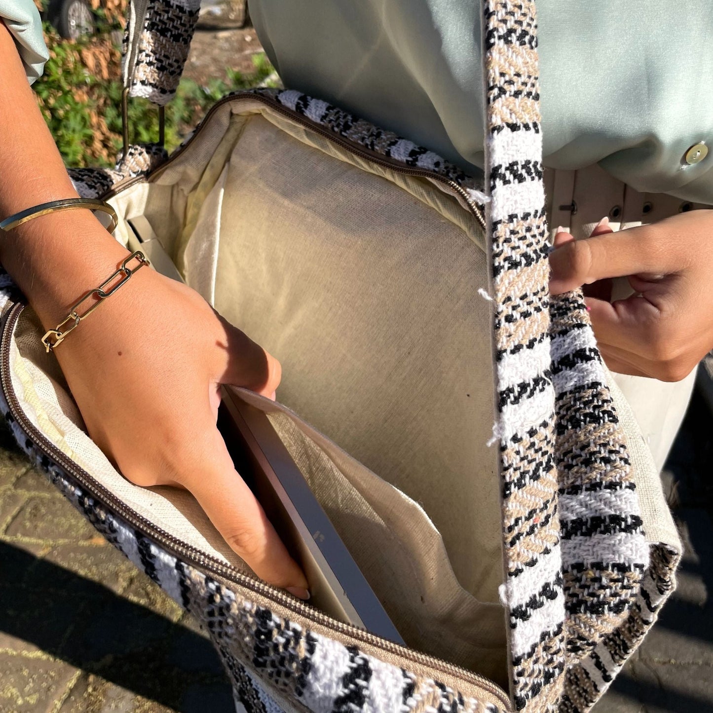 Polished Soft Banjar Laptop Bag Soft Cream Grey featuring natural patterning and unique variations - Positive Faith Hope Love