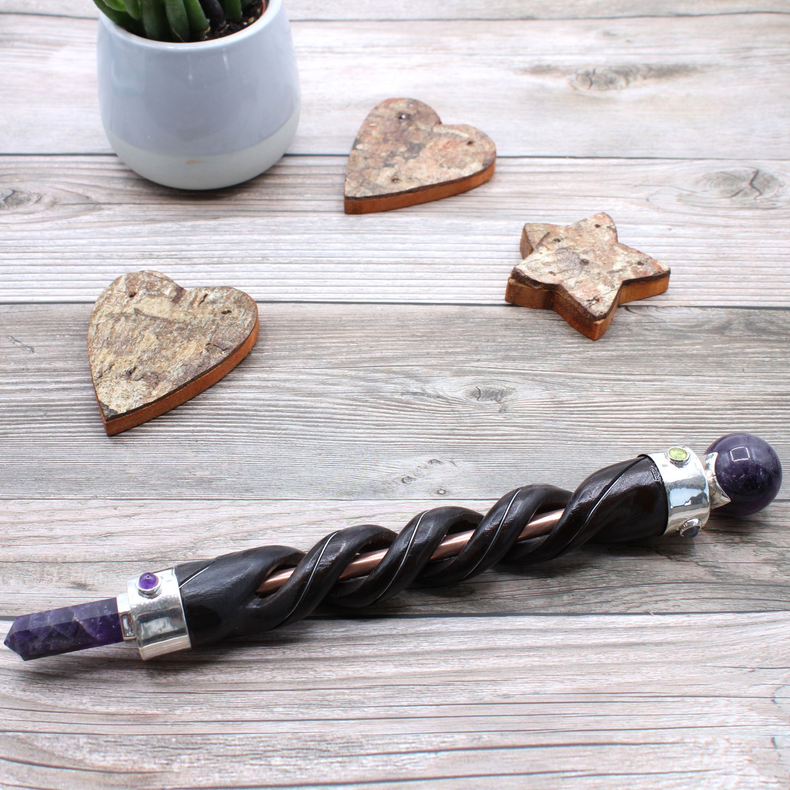 Polished Spiral Carving Healing Wand Copper Pipe Amethyst featuring rich purple colour and natural clarity - Positive Faith Hope Love