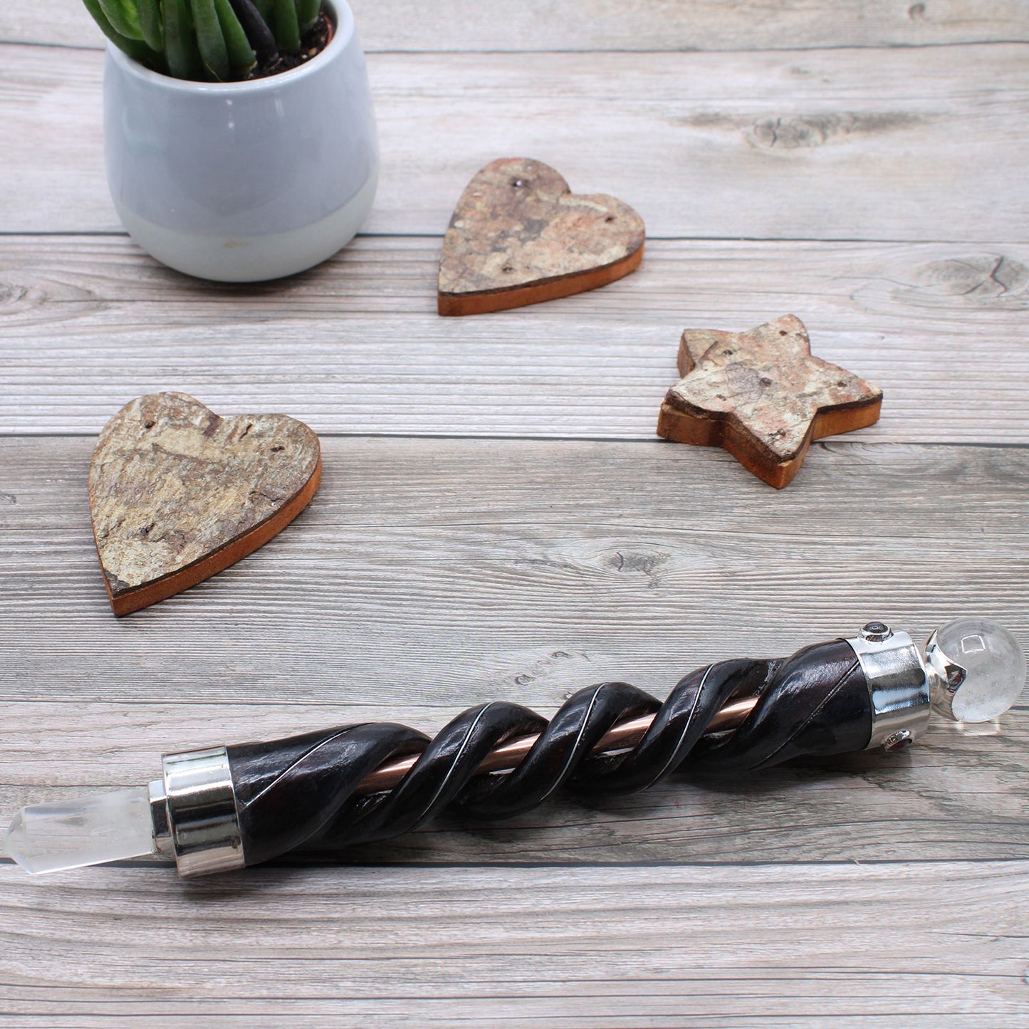 Polished Spiral Carving Healing Wand Copper Pipe Rock Quartz featuring natural patterning and unique variations - Positive Faith Hope Love
