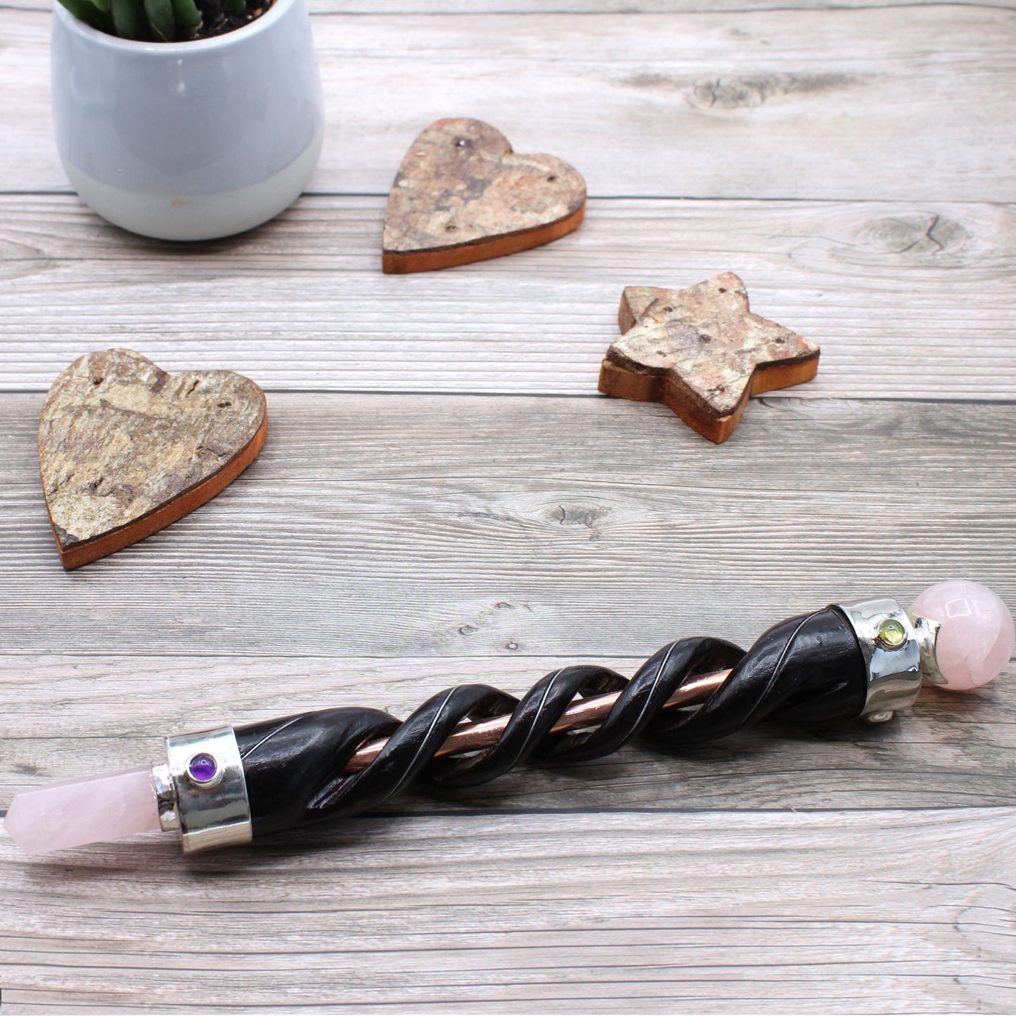 Polished Spiral Carving Healing Wand Copper Pipe Rose Quartz featuring soft pink tone and gentle translucence - Positive Faith Hope Love
