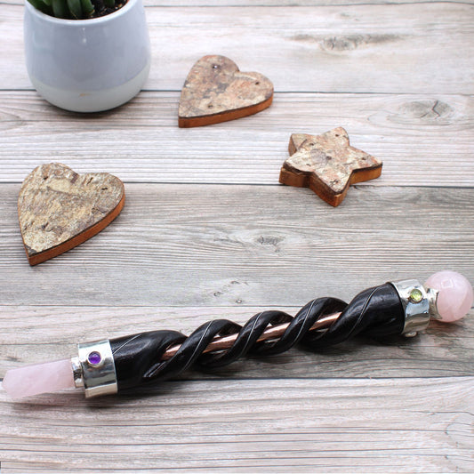 Polished Spiral Carving Healing Wand Copper Pipe Rose Quartz featuring soft pink tone and gentle translucence - Positive Faith Hope Love