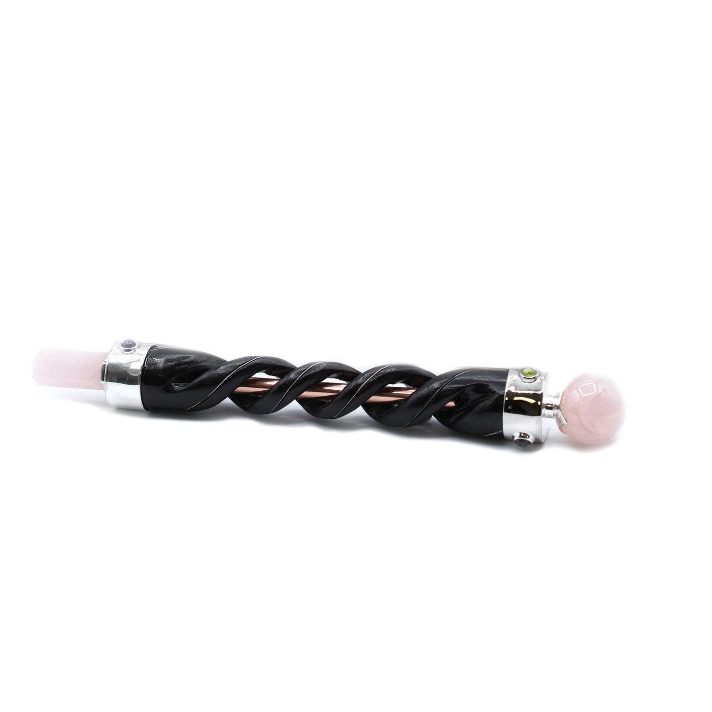 Polished Spiral Carving Healing Wand Copper Pipe Rose Quartz featuring soft pink tone and gentle translucence - Positive Faith Hope Love