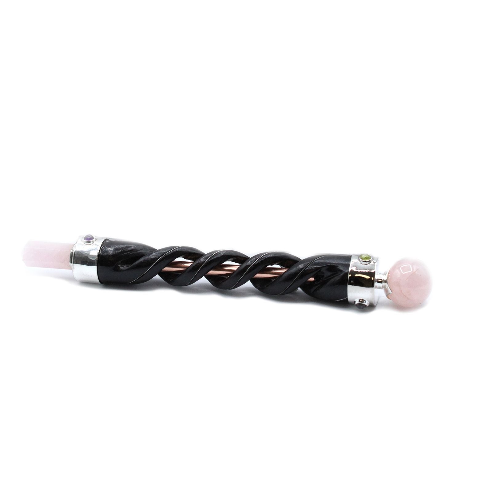 Polished Spiral Carving Healing Wand Copper Pipe Rose Quartz featuring soft pink tone and gentle translucence - Positive Faith Hope Love