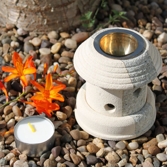 Polished Stone Oil Burner Combo Lantern featuring natural patterning and unique variations - Positive Faith Hope Love