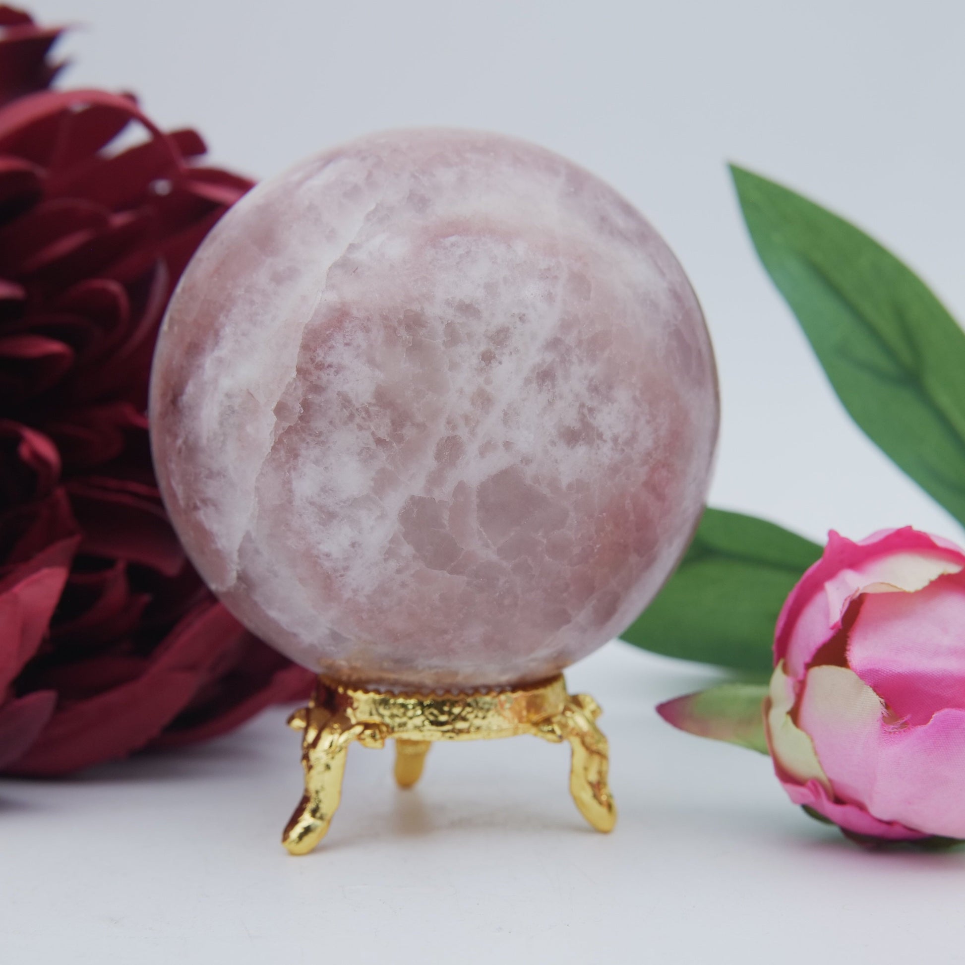 Natural Strawberry Calcite Sphere 526 Grams featuring soft translucent tone and gentle sheen - Positive Faith Hope Love