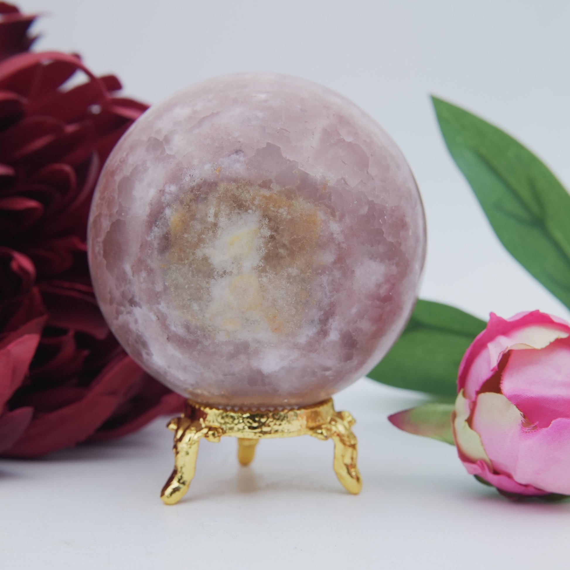 Natural Strawberry Calcite Sphere 526 Grams featuring soft translucent tone and gentle sheen - Positive Faith Hope Love