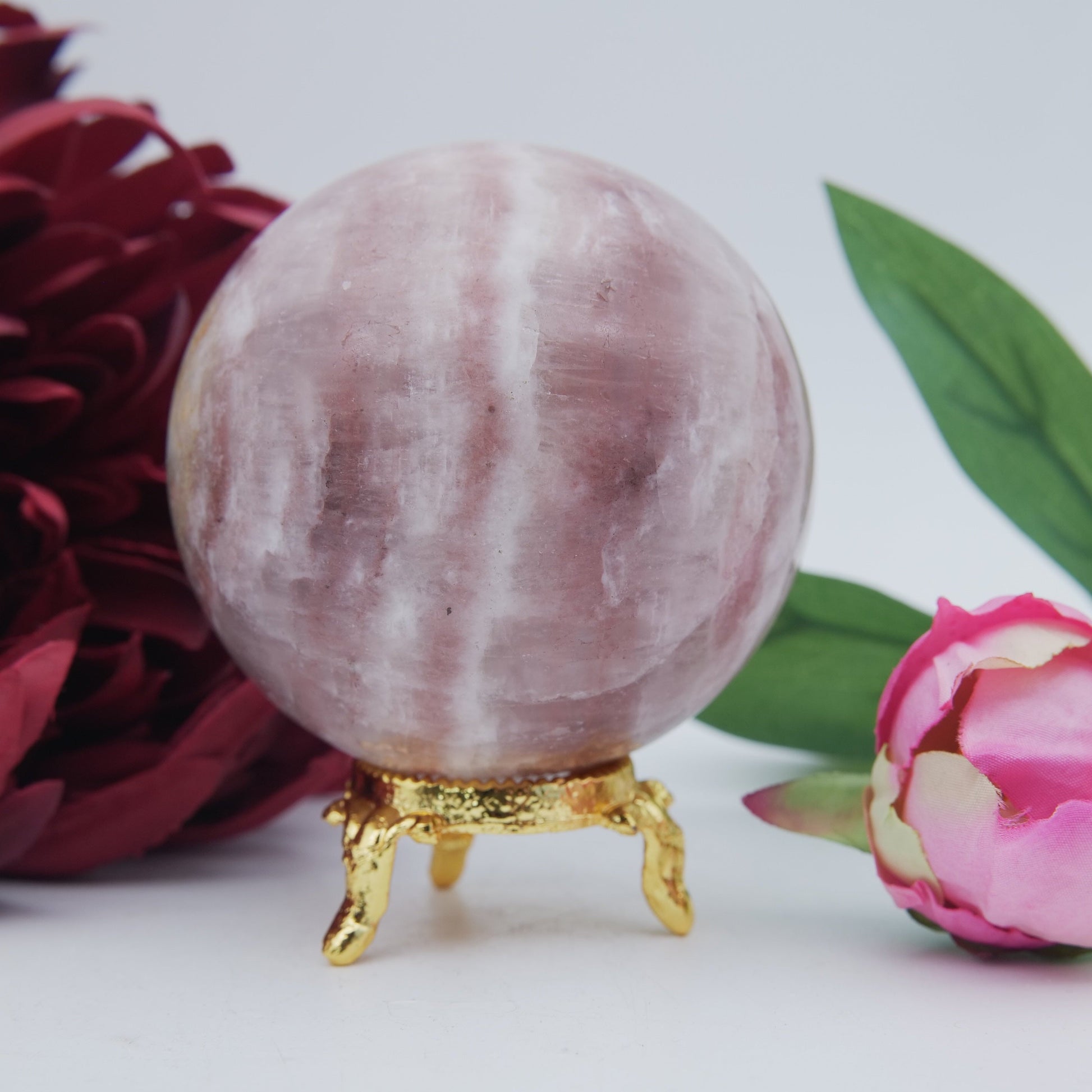 Natural Strawberry Calcite Sphere 526 Grams featuring soft translucent tone and gentle sheen - Positive Faith Hope Love
