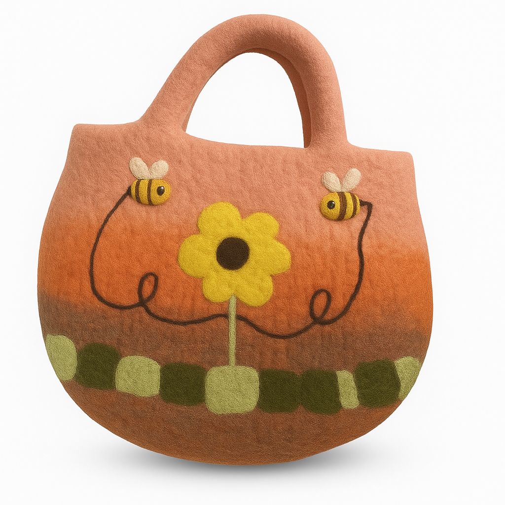 Polished Sun Flower & Bees Felted Bag featuring natural patterning and unique variations - Positive Faith Hope Love