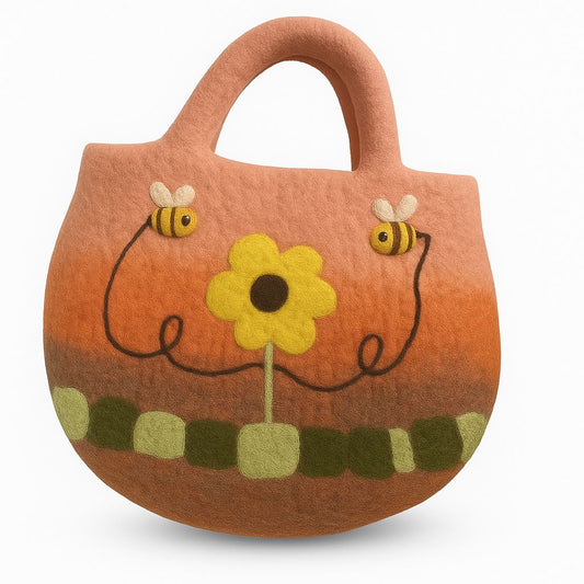 Polished Sun Flower & Bees Felted Bag featuring natural patterning and unique variations - Positive Faith Hope Love