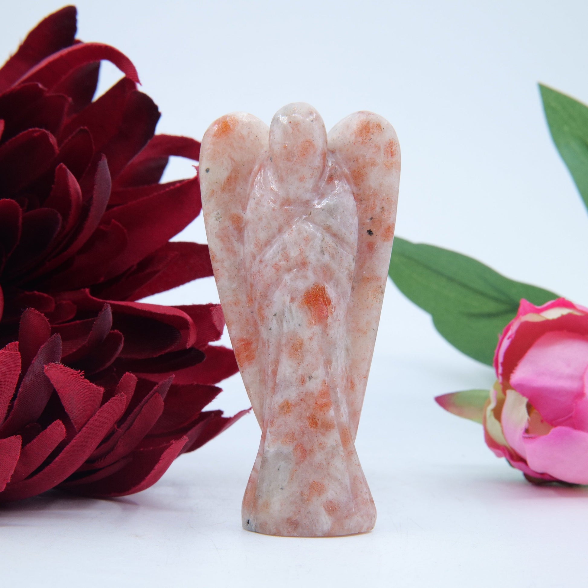 Polished Sunstone Angel 80mm featuring sparkling aventurescence and warm orange tone - Positive Faith Hope Love