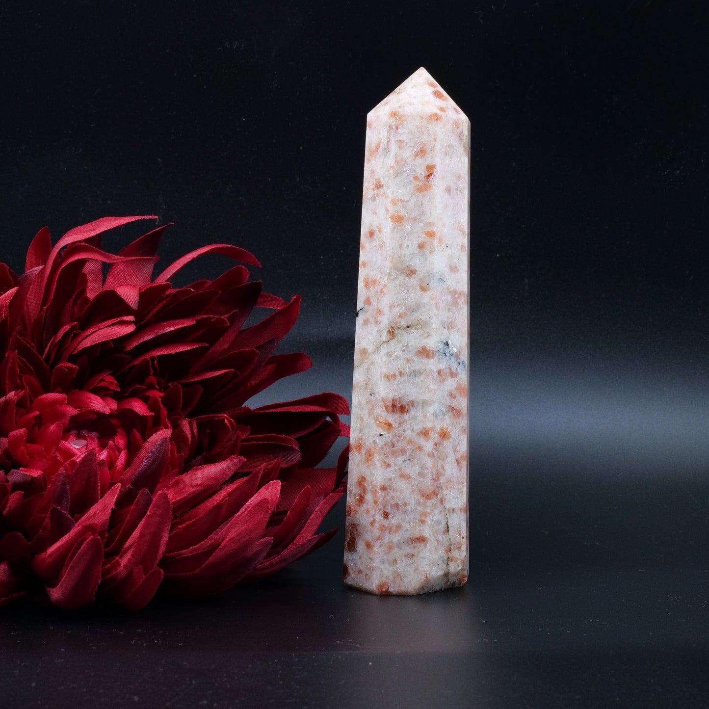 Polished Sunstone Crystal Tower 345G featuring sparkling aventurescence and warm orange tone - Positive Faith Hope Love