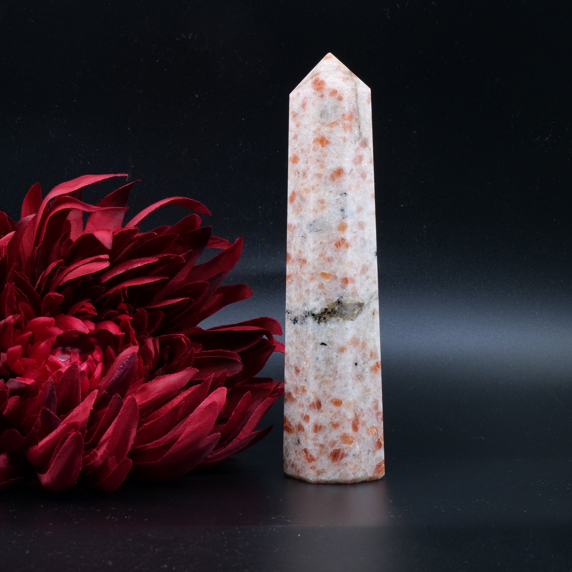 Polished Sunstone Crystal Tower 345G featuring sparkling aventurescence and warm orange tone - Positive Faith Hope Love