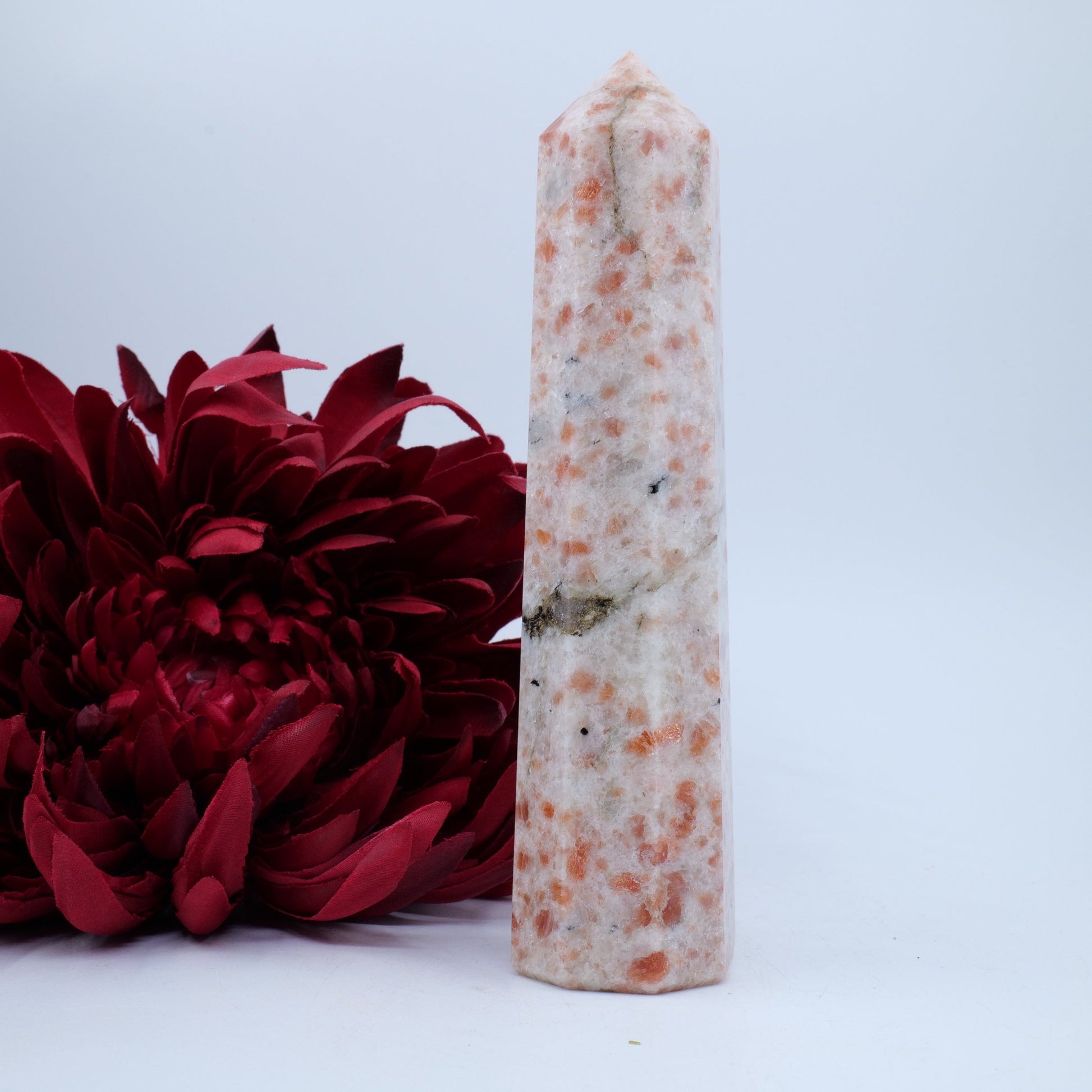 Polished Sunstone Crystal Tower 345g featuring sparkling aventurescence and warm orange tone - Positive Faith Hope Love