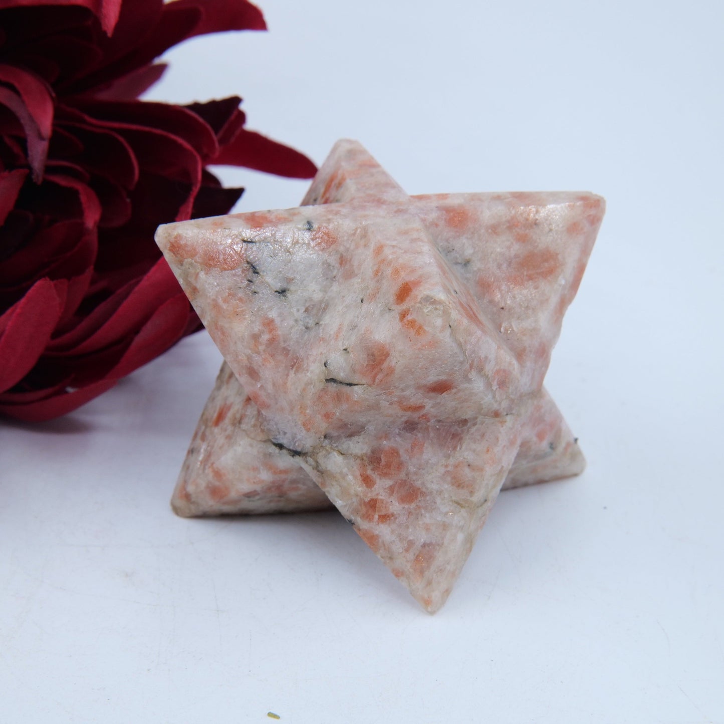 Polished Sunstone Merkaba Star 250g featuring sparkling aventurescence and warm orange tone - Positive Faith Hope Love