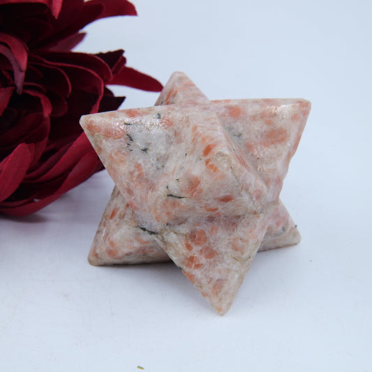 Polished Sunstone Merkaba Star 250g featuring sparkling aventurescence and warm orange tone - Positive Faith Hope Love