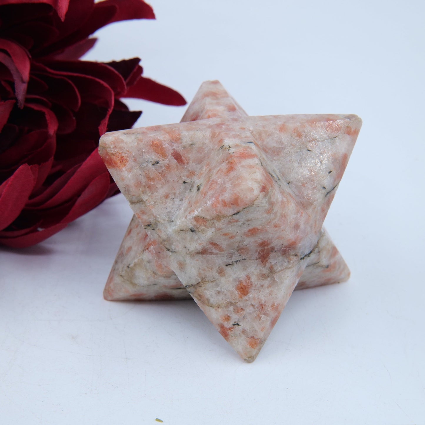 Polished Sunstone Merkaba Star 250G featuring sparkling aventurescence and warm orange tone - Positive Faith Hope Love