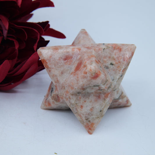 Polished Sunstone Merkaba Star 250G featuring sparkling aventurescence and warm orange tone - Positive Faith Hope Love