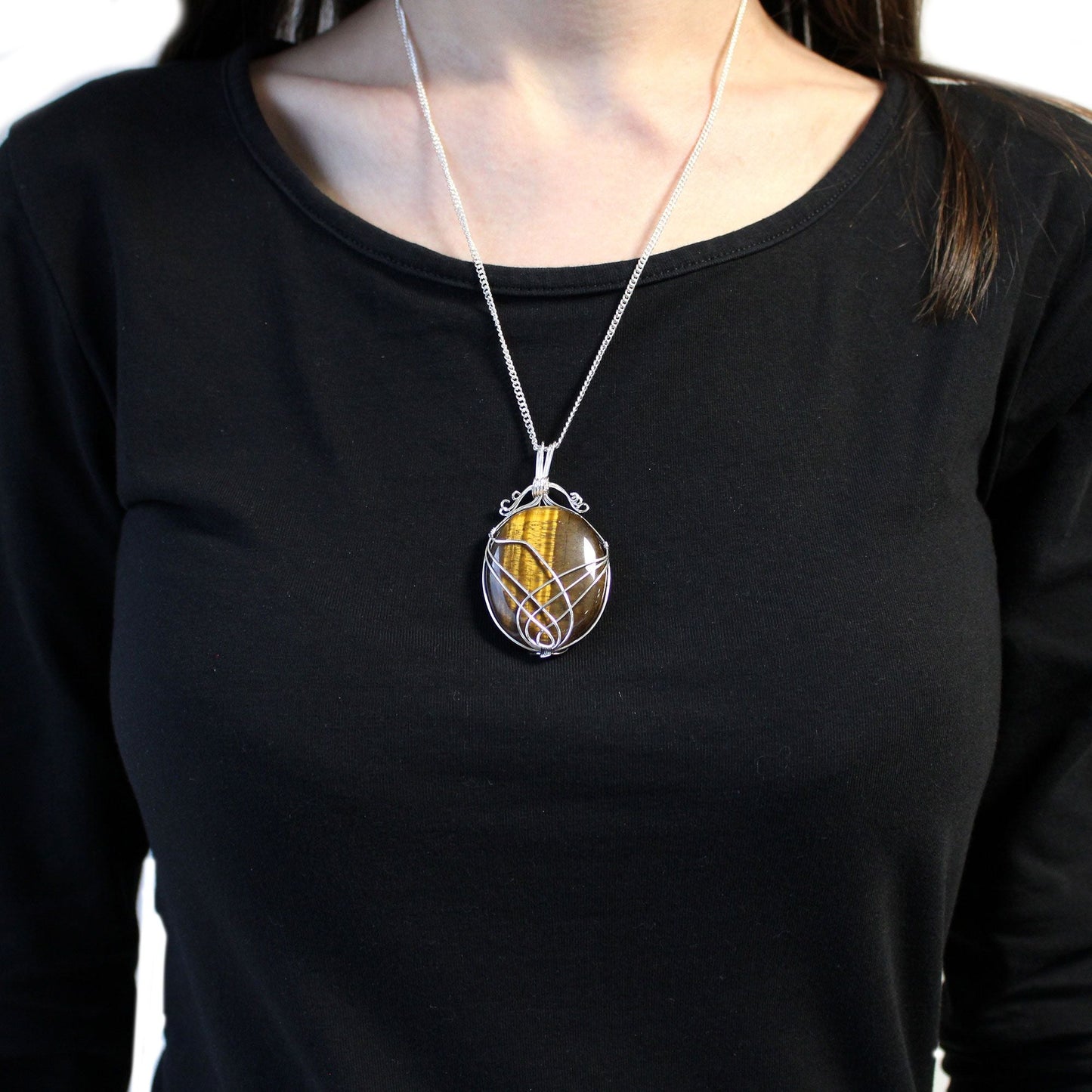 Polished Swirl Wrapped Gemstone Necklace Tiger Eye featuring natural patterning and unique variations - Positive Faith Hope Love