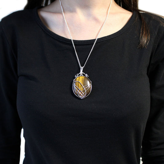 Polished Swirl Wrapped Gemstone Necklace Tiger Eye featuring natural patterning and unique variations - Positive Faith Hope Love