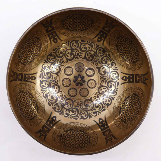 Tibetan Healing Engraved Bowl - 21cm - 7 Chakra & Flower of Life - Positive Faith Hope Love