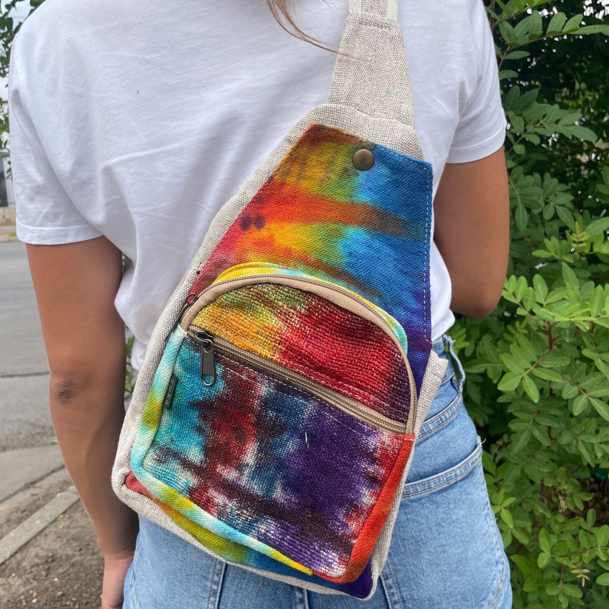 Polished Tiedye Hemp Sling Shoulder Bag featuring natural patterning and unique variations - Positive Faith Hope Love