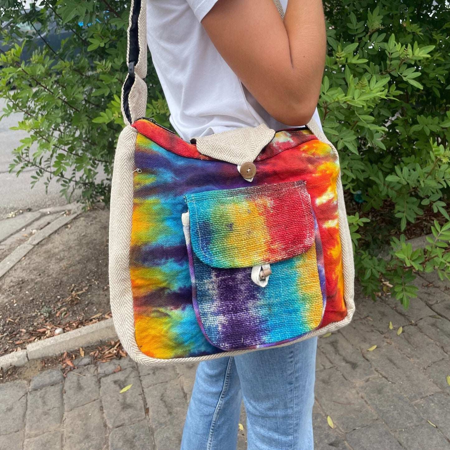 Polished Tiedye Hemp Study Bag With Front Pocket featuring natural patterning and unique variations - Positive Faith Hope Love
