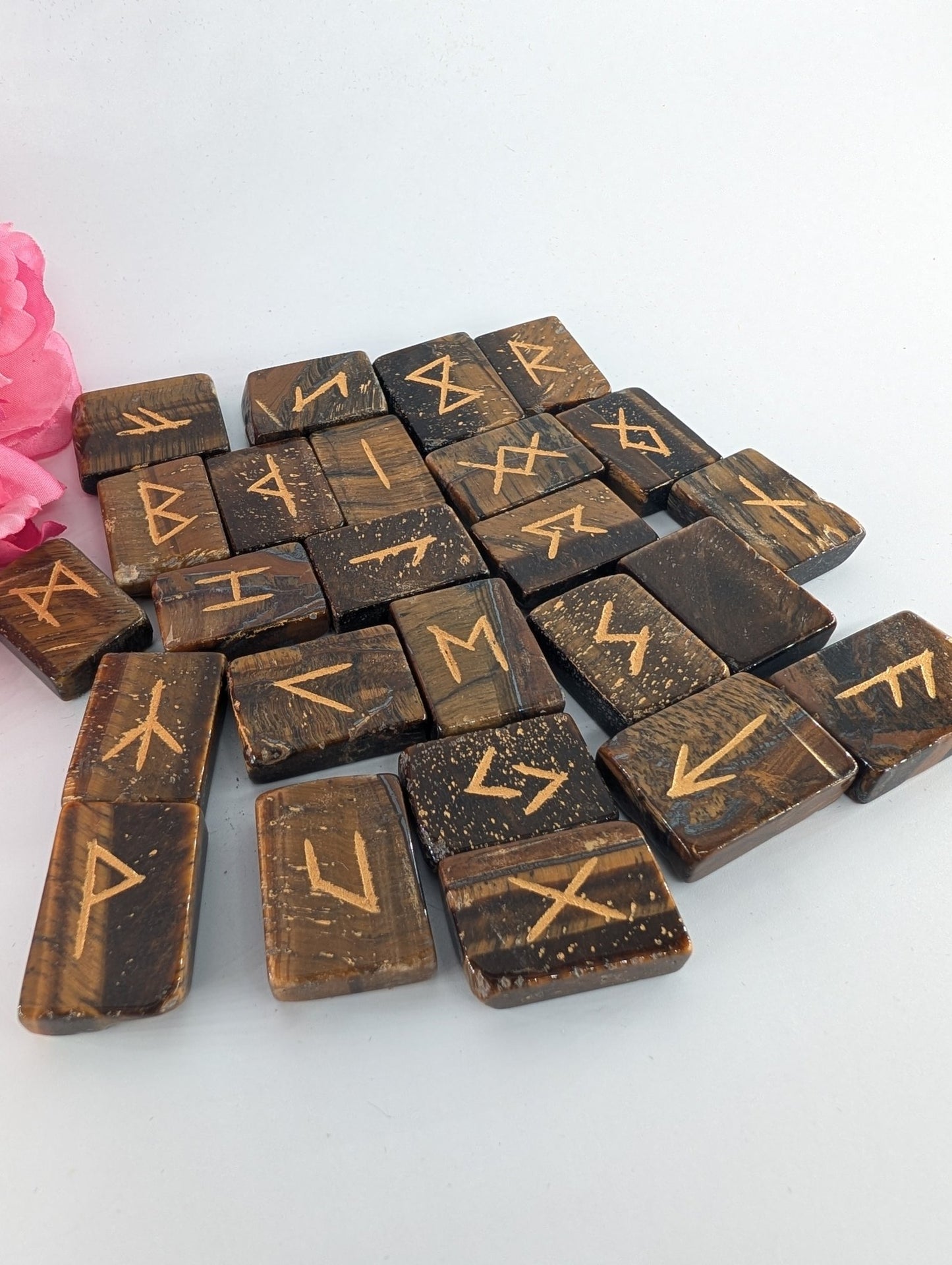 Tiger Eye Rune Set and Bag - Polished Elder Futhark Runes - Positive Faith Hope Love