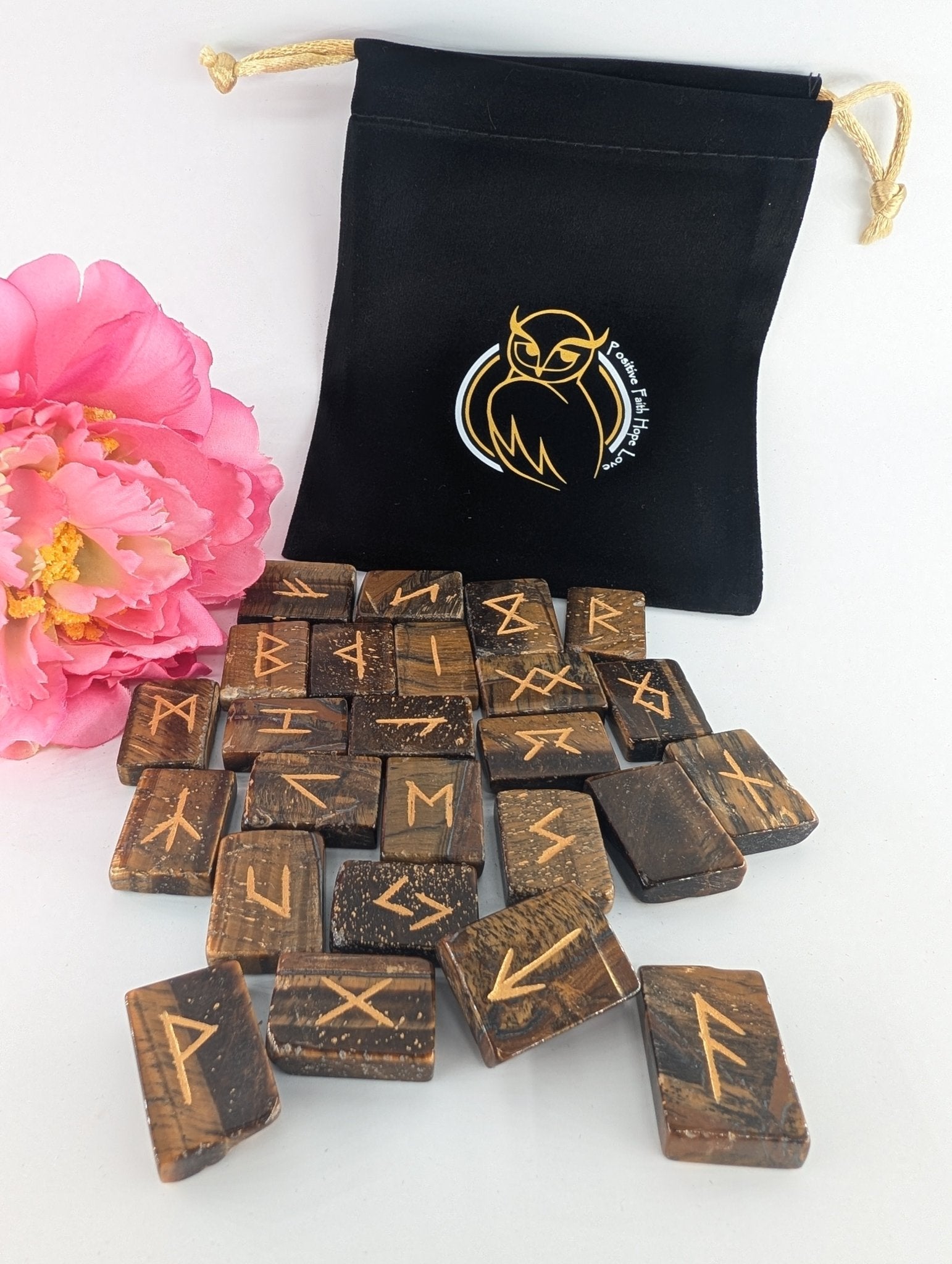 Tiger Eye Rune Set and Bag - Polished Elder Futhark Runes - Positive Faith Hope Love