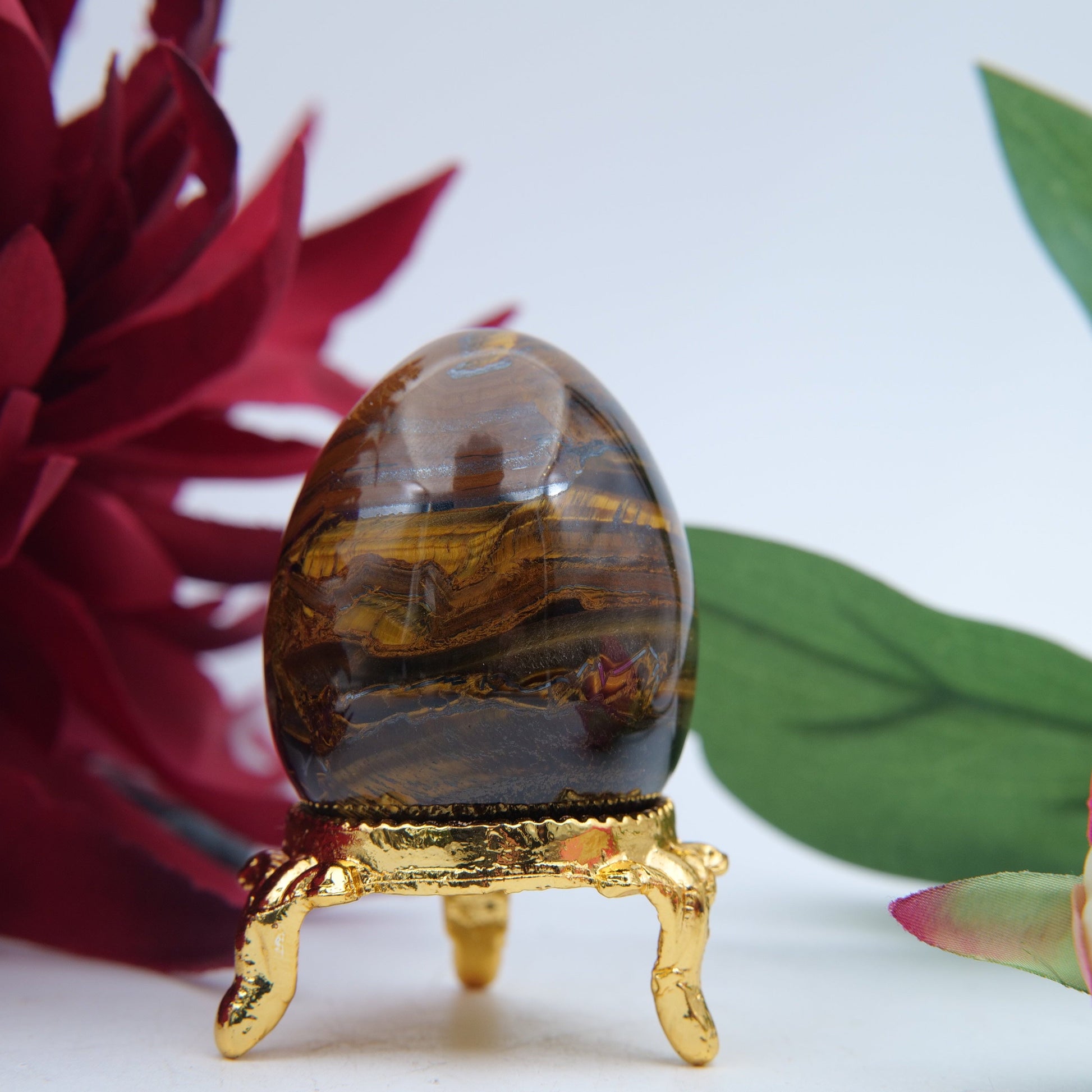 Polished Tigers Eye Crystal Egg featuring chatoyant golden-brown bands - Positive Faith Hope Love