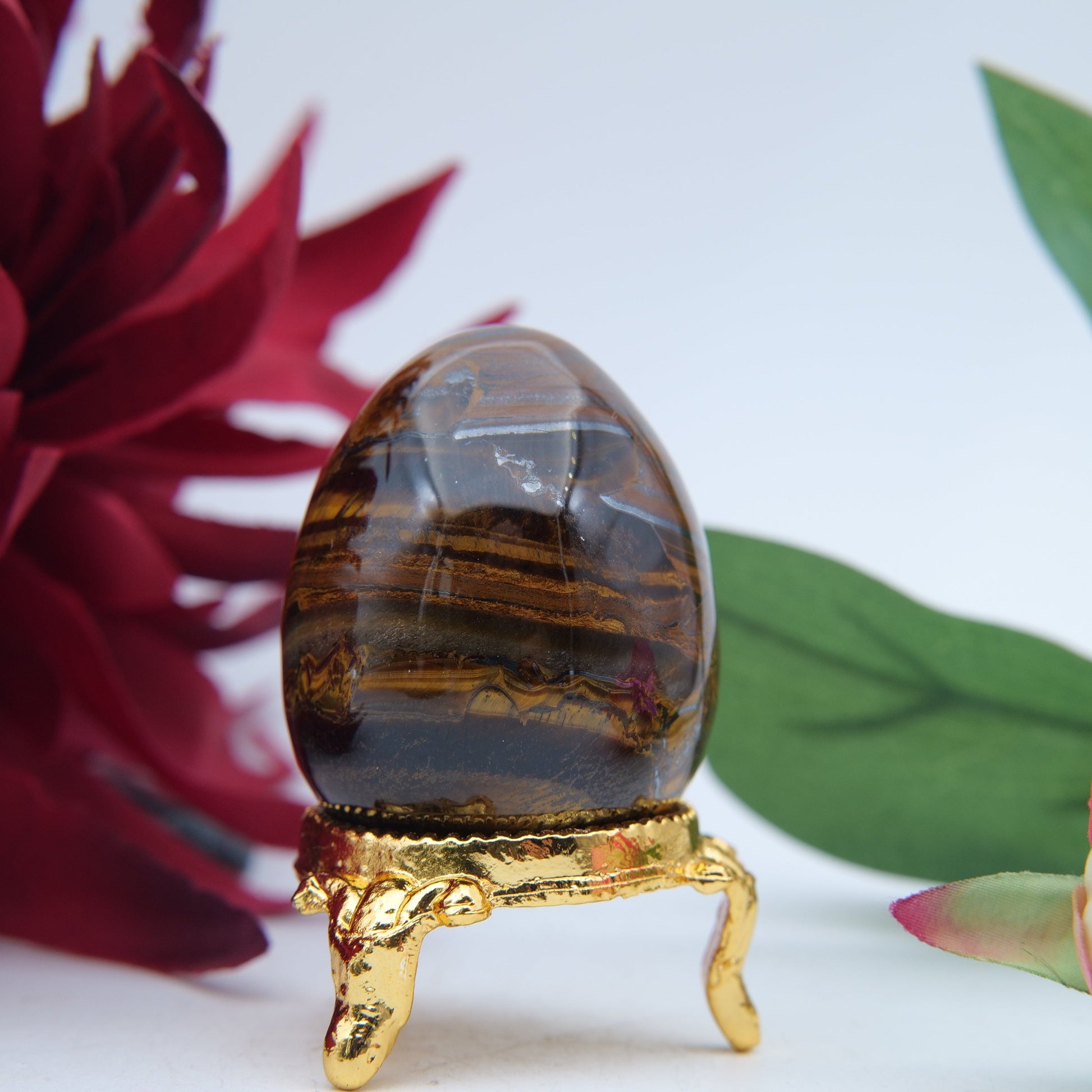 Polished Tigers Eye Crystal Egg featuring chatoyant golden-brown bands - Positive Faith Hope Love