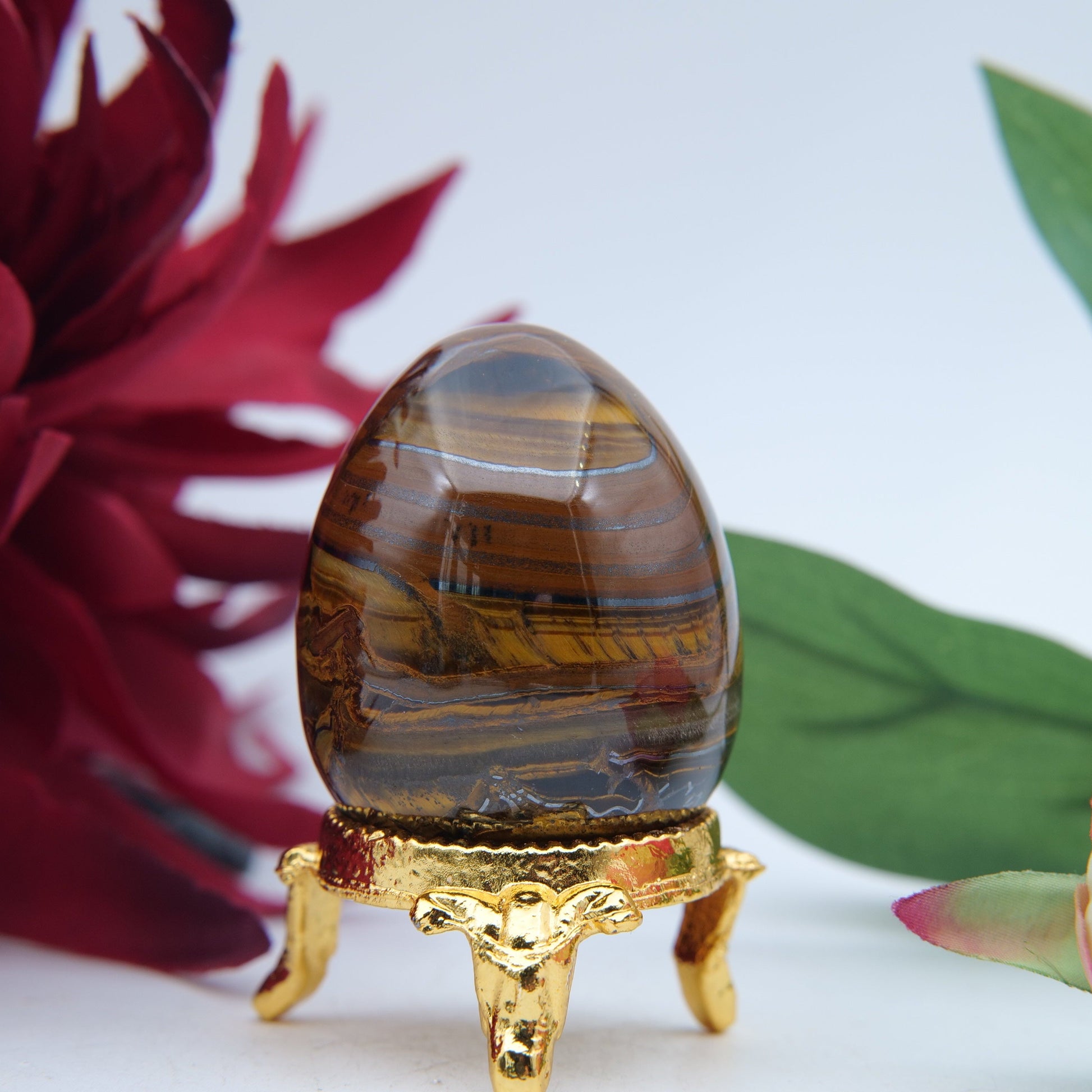 Polished Tigers Eye Crystal Egg 45mm featuring chatoyant golden-brown bands - Positive Faith Hope Love