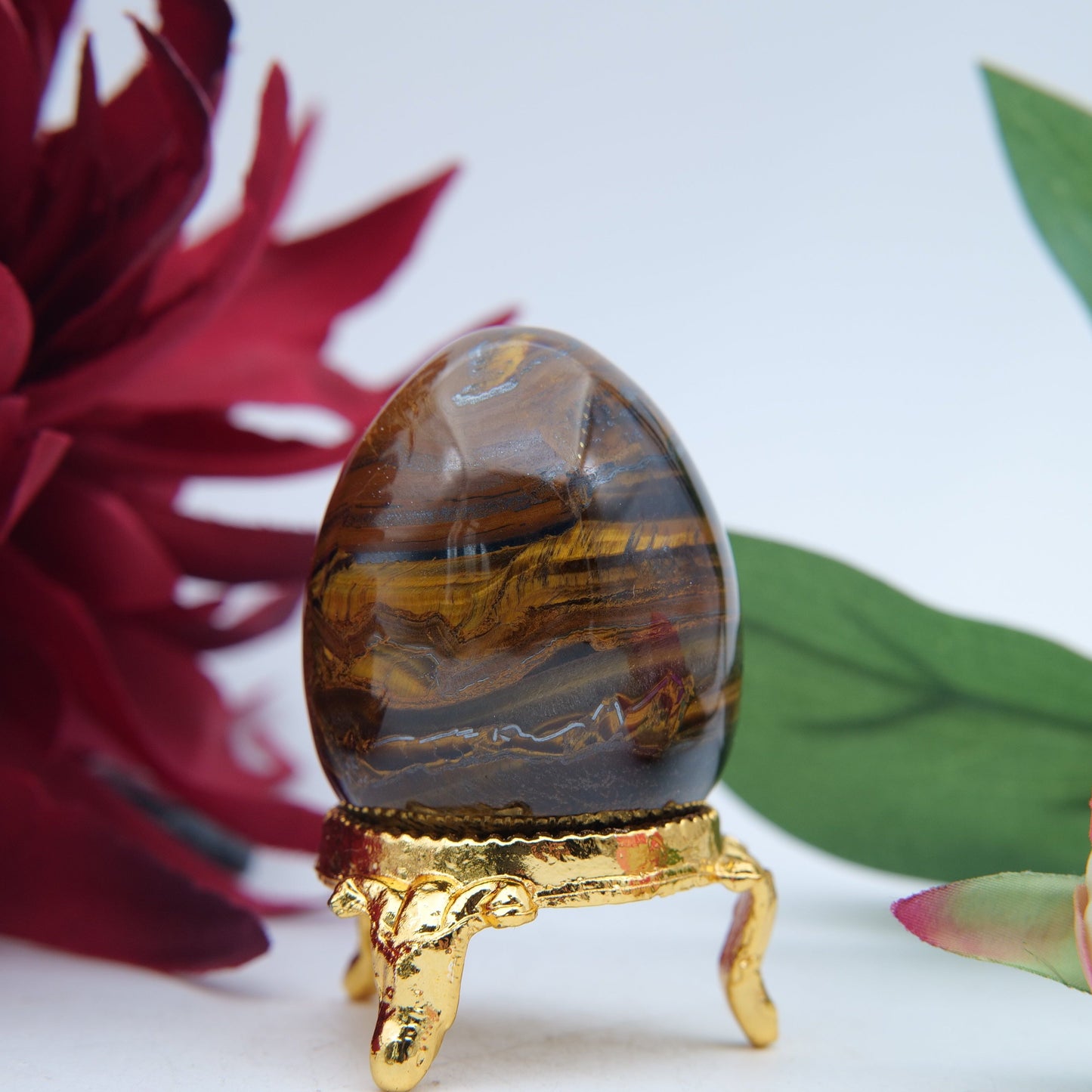 Polished Tigers Eye Crystal Egg featuring chatoyant golden-brown bands - Positive Faith Hope Love