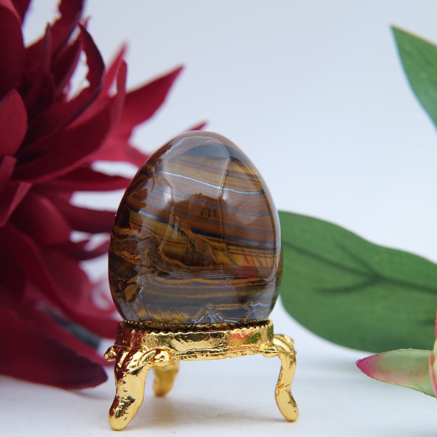 Polished Tigers Eye Crystal Egg featuring chatoyant golden-brown bands - Positive Faith Hope Love