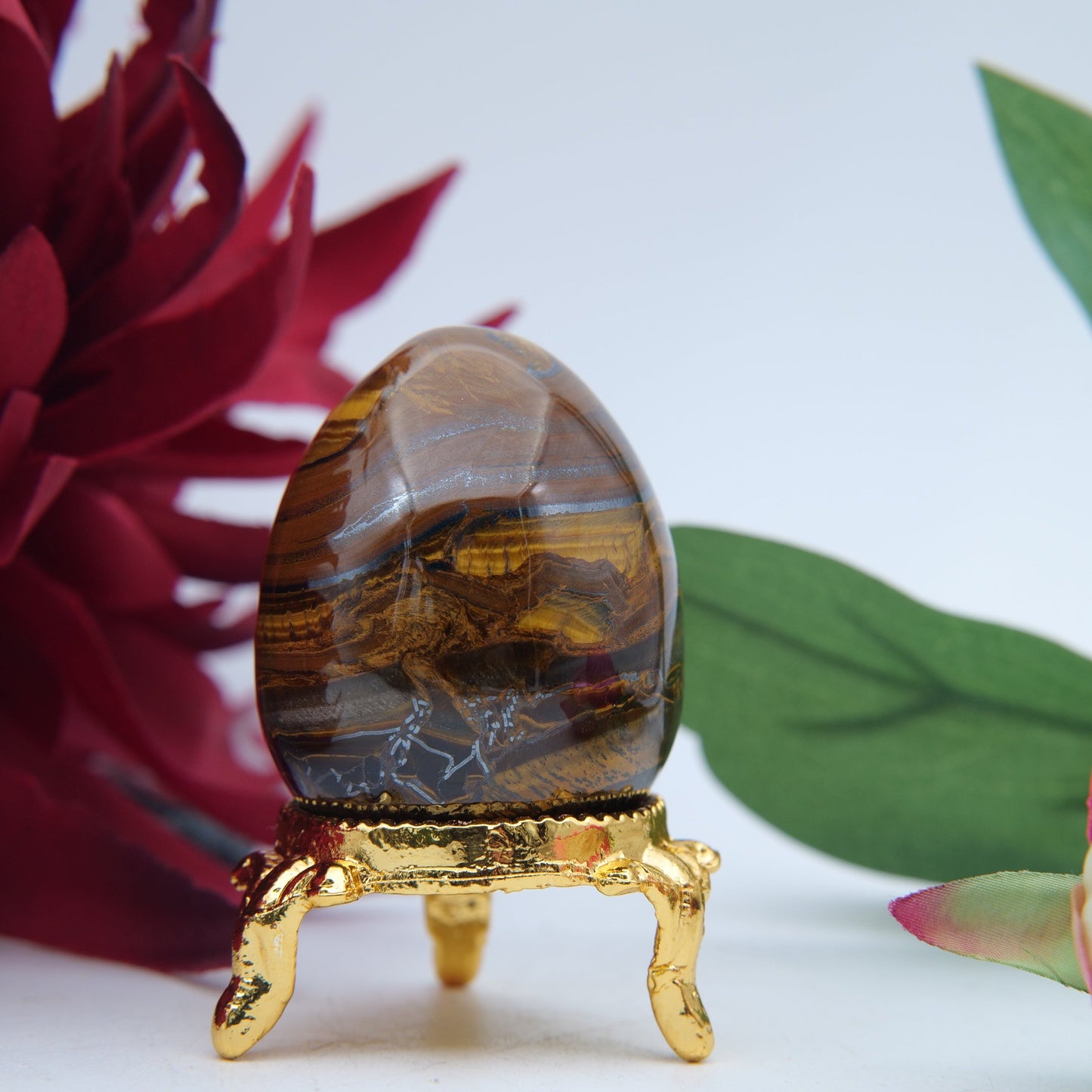 Polished Tigers Eye Crystal Egg featuring chatoyant golden-brown bands - Positive Faith Hope Love
