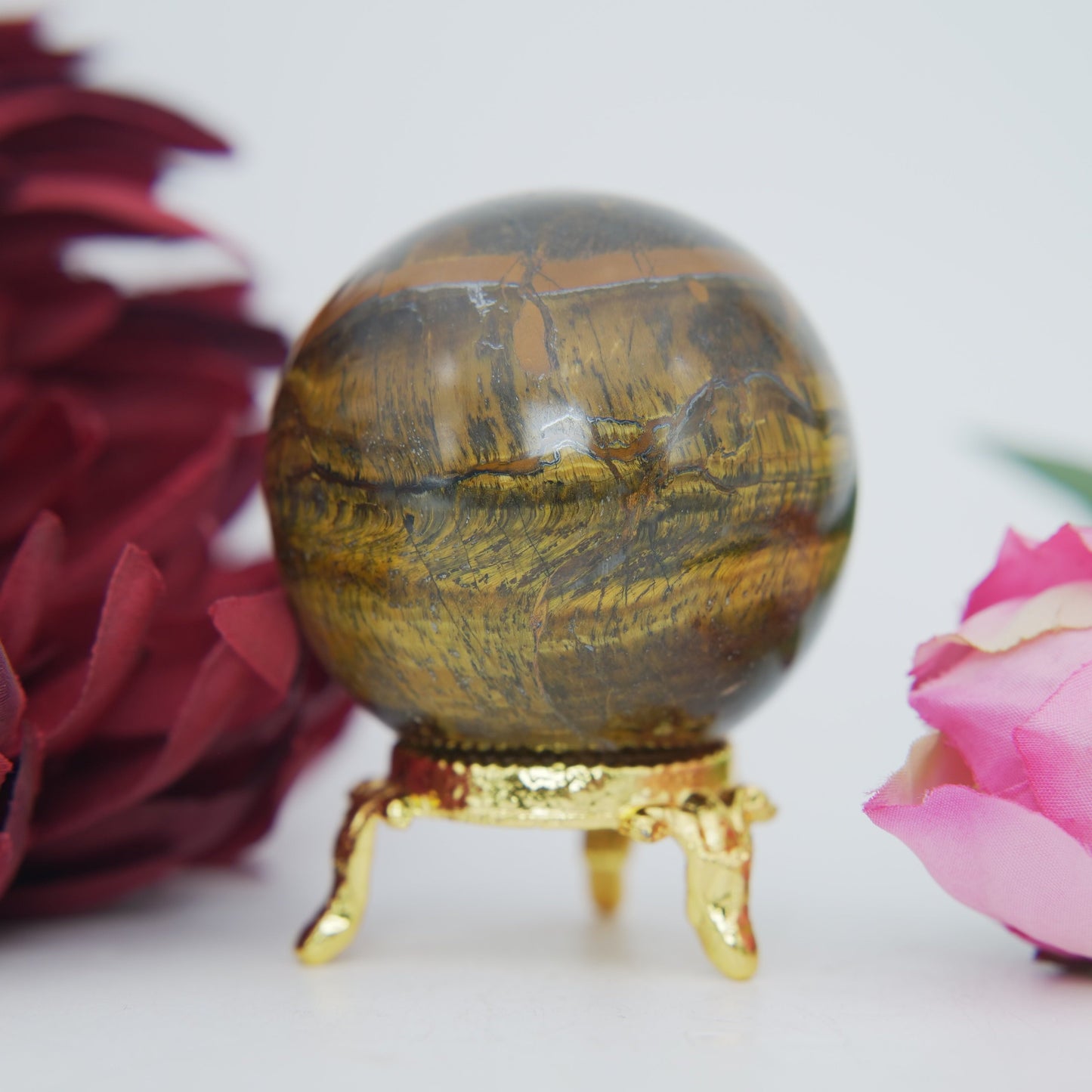 Polished Tigers Eye Sphere 215G 50Mm featuring chatoyant golden-brown bands - Positive Faith Hope Love