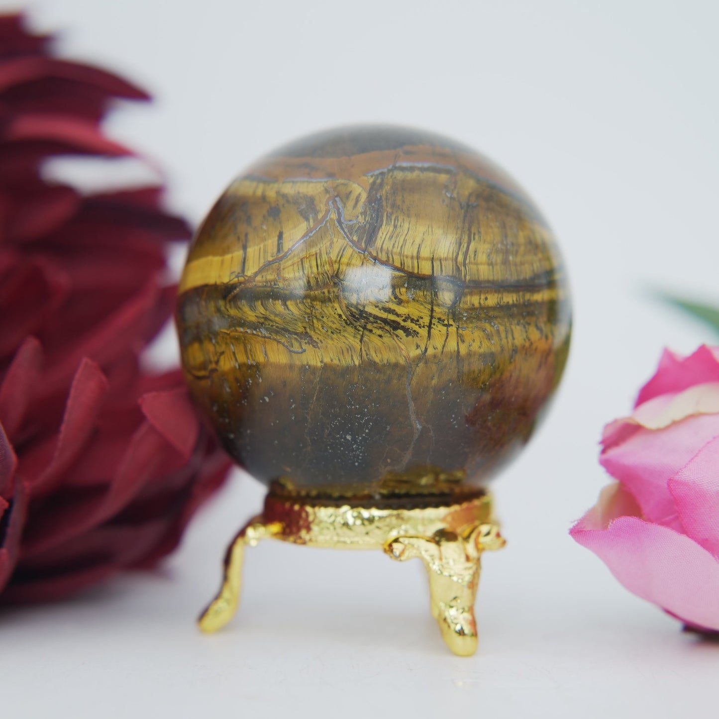 Polished Tigers Eye Sphere 215G 50Mm featuring chatoyant golden-brown bands - Positive Faith Hope Love