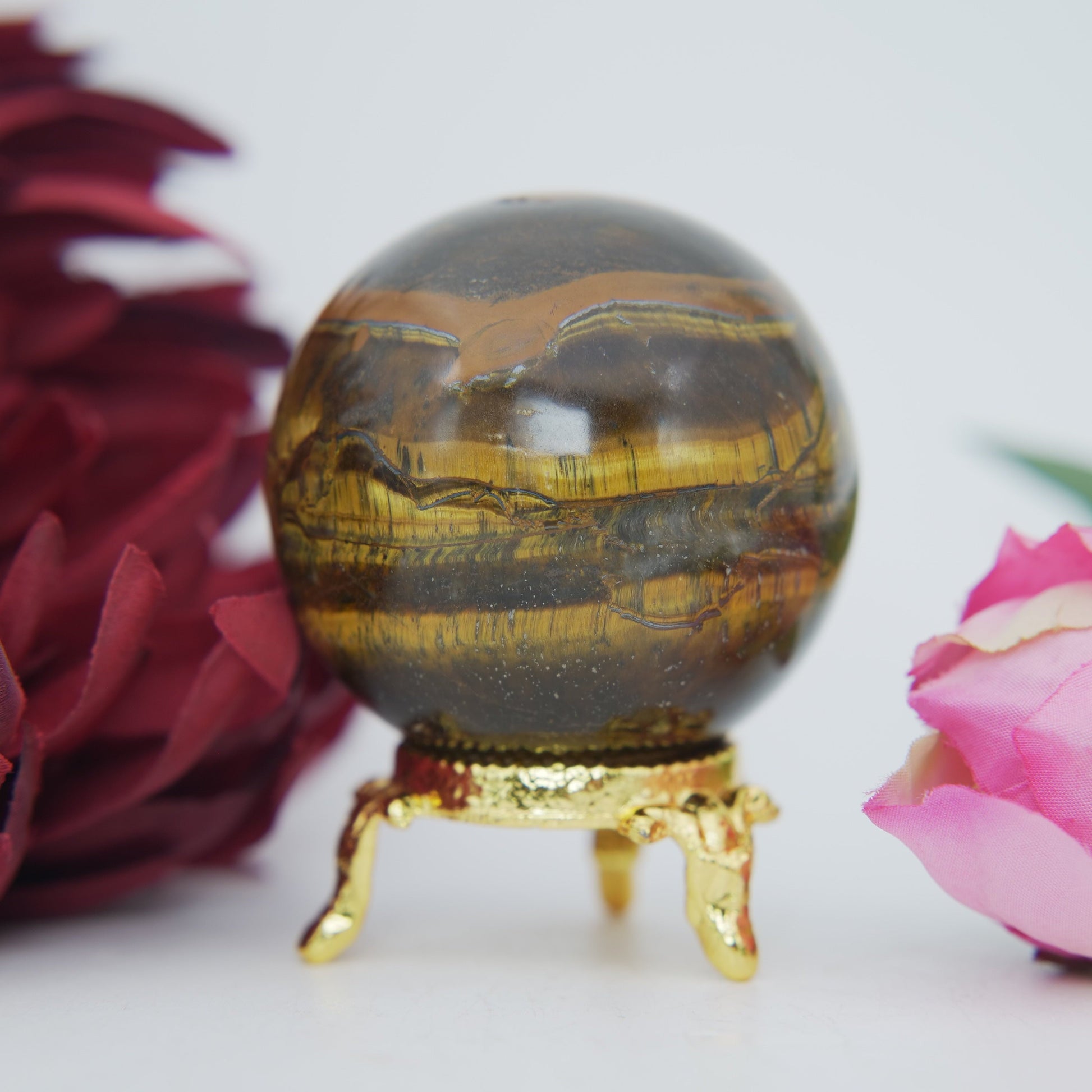 Polished Tigers Eye Sphere 215G 50Mm featuring chatoyant golden-brown bands - Positive Faith Hope Love