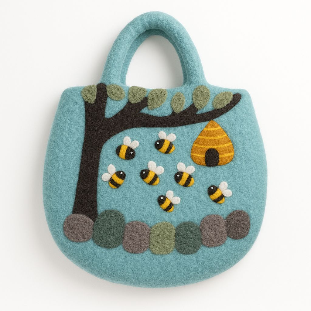 Polished Tree and Beehive Felted Bag featuring natural patterning and unique variations - Positive Faith Hope Love