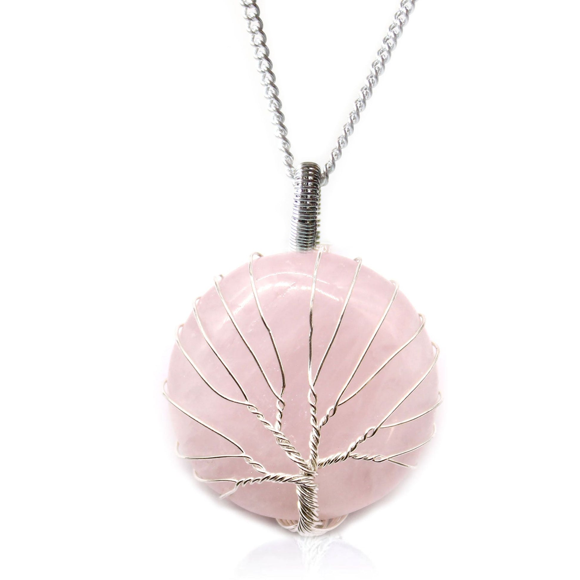 Polished Tree of Life Gemstone Necklace - Rose Quartz featuring soft pink tone and gentle translucence - Positive Faith Hope Love