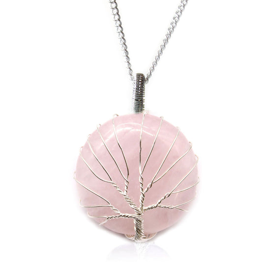 Polished Tree of Life Gemstone Necklace - Rose Quartz featuring soft pink tone and gentle translucence - Positive Faith Hope Love