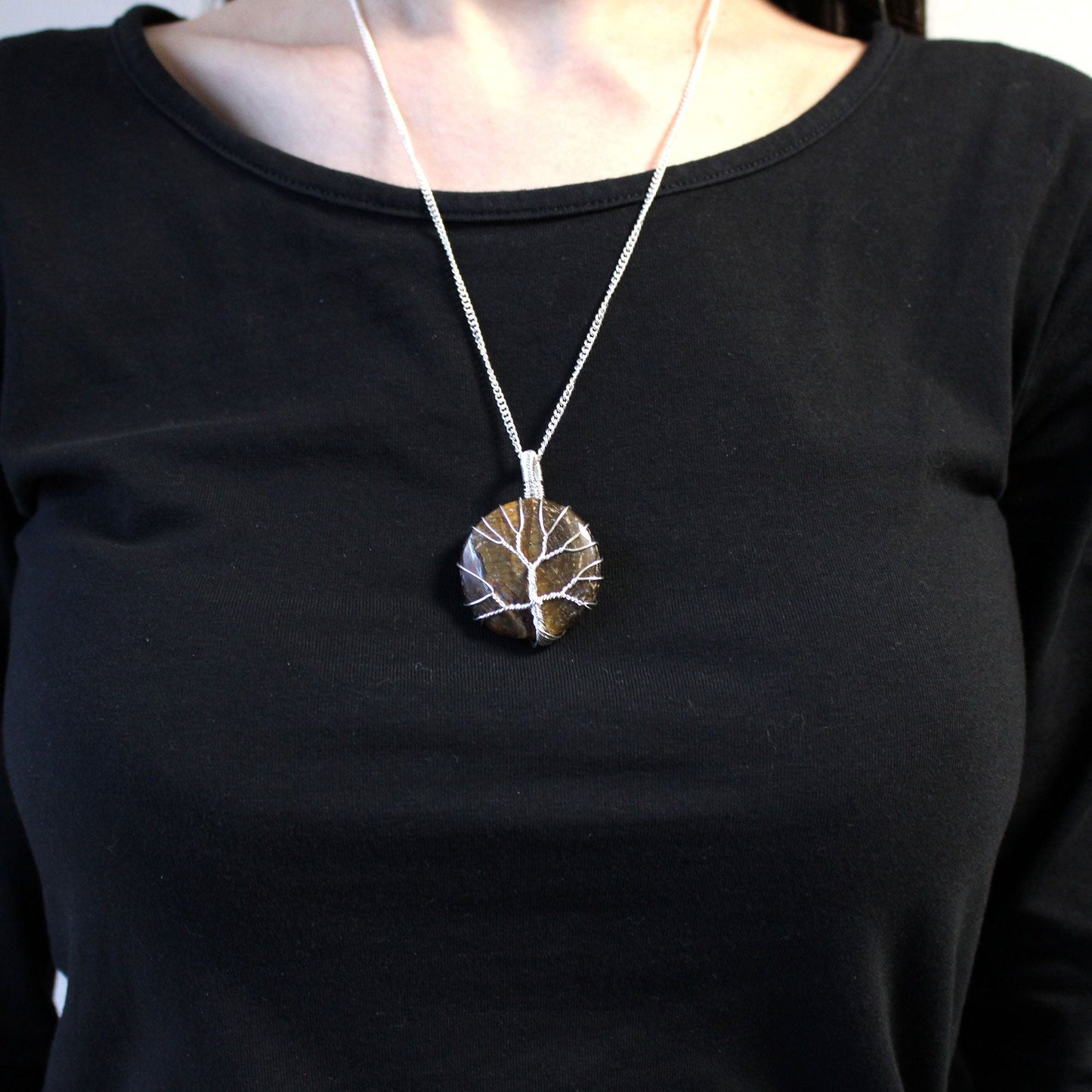 Polished Tree Of Life Gemstone Necklace Tiger Eye featuring natural patterning and unique variations - Positive Faith Hope Love