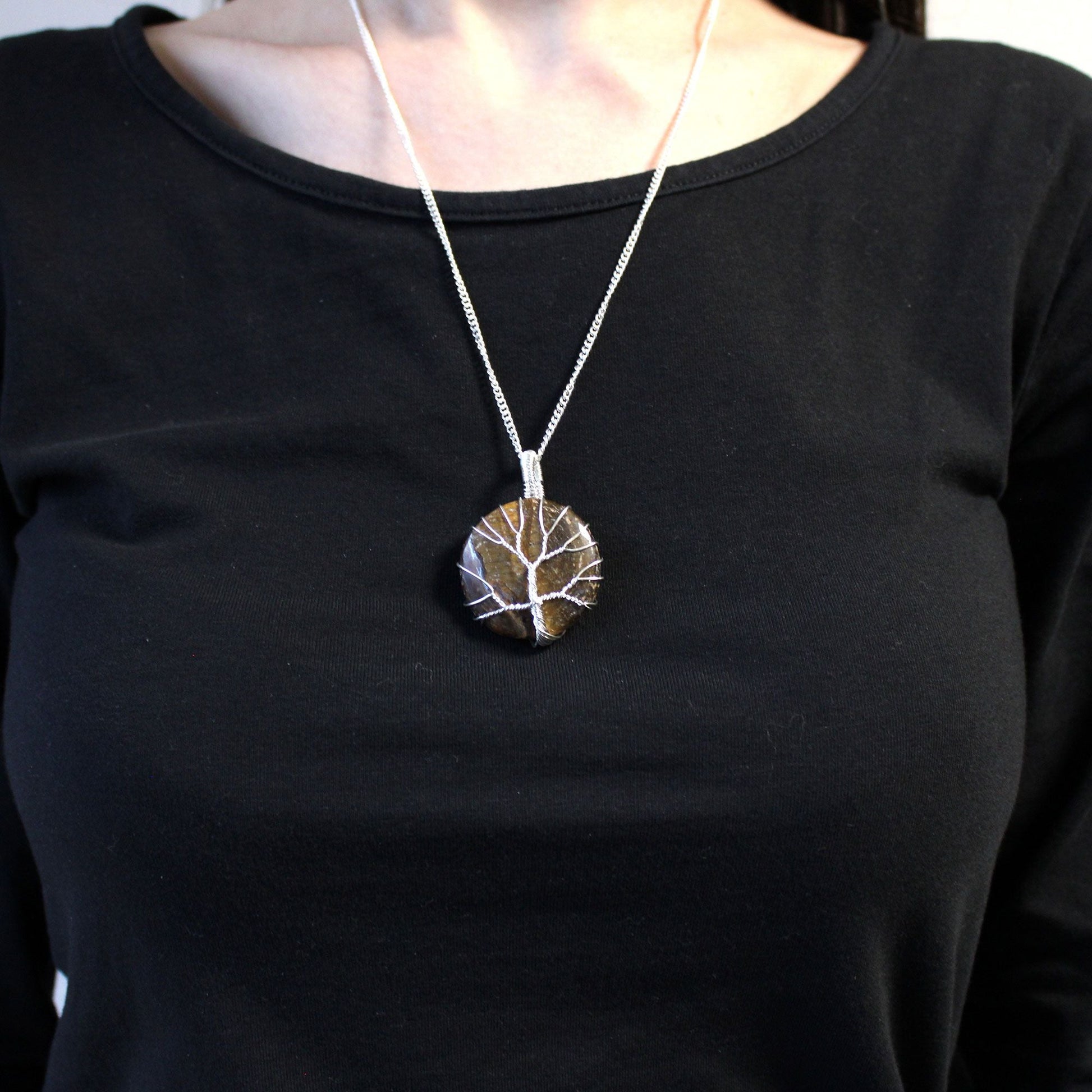 Polished Tree Of Life Gemstone Necklace Tiger Eye featuring natural patterning and unique variations - Positive Faith Hope Love