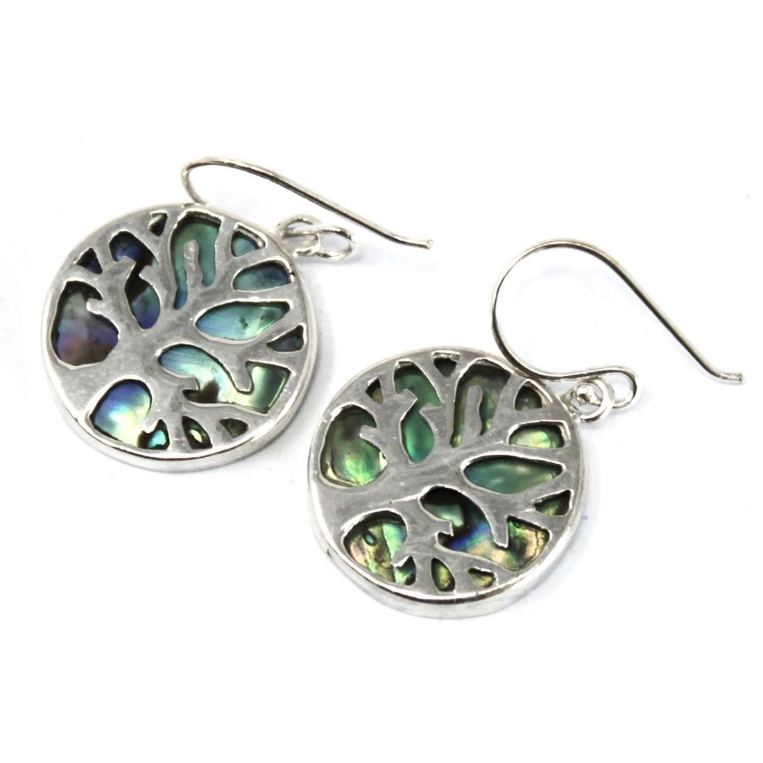 Polished Tree of Life Silver Earrings 15mm - Abalone featuring natural patterning and unique variations - Positive Faith Hope Love