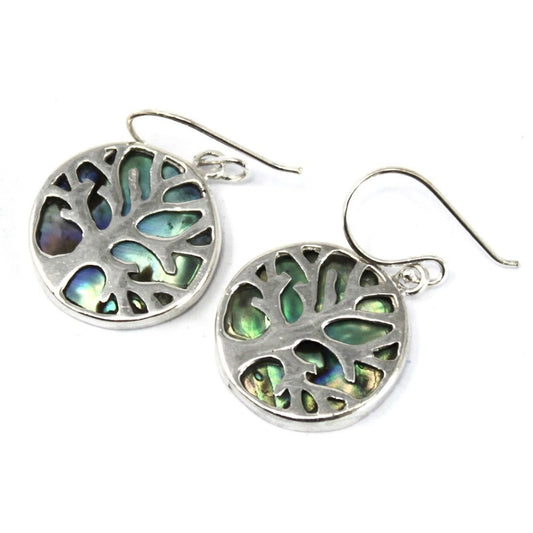 Polished Tree of Life Silver Earrings 15mm - Abalone featuring natural patterning and unique variations - Positive Faith Hope Love