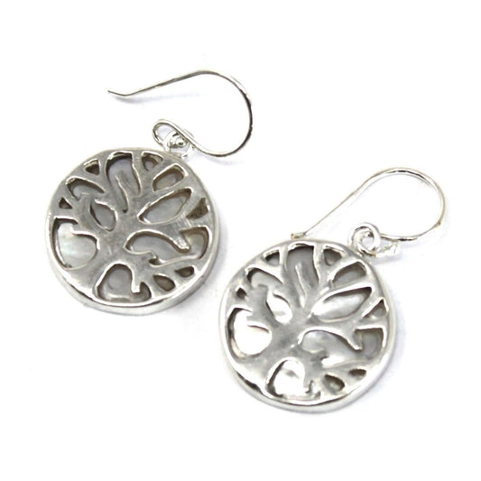 Polished Tree of Life Silver Earrings 15mm - Mother of Pearl featuring natural patterning and unique variations - Positive Faith Hope Love