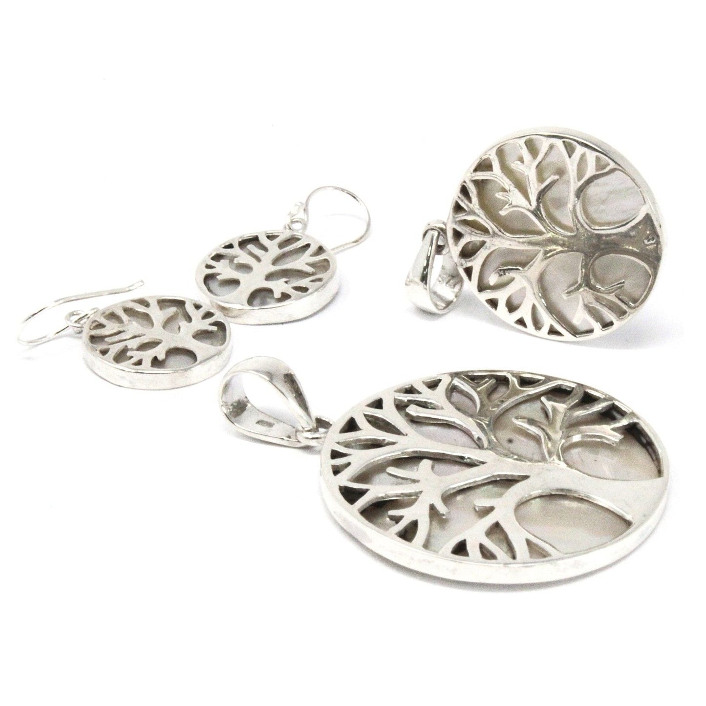 Polished Tree Of Life Silver Earrings 15Mm Mother Of Pearl 1 featuring natural patterning and unique variations - Positive Faith Hope Love