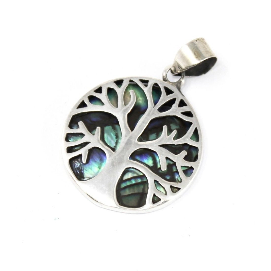 Polished Tree of Life Silver Pendant 22mm - Abalone featuring natural patterning and unique variations - Positive Faith Hope Love
