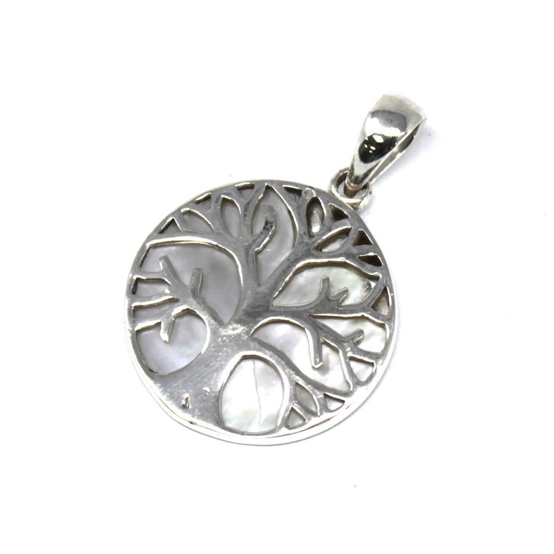 Polished Tree of Life Silver Pendant 22mm - Mother of Pearl featuring natural patterning and unique variations - Positive Faith Hope Love